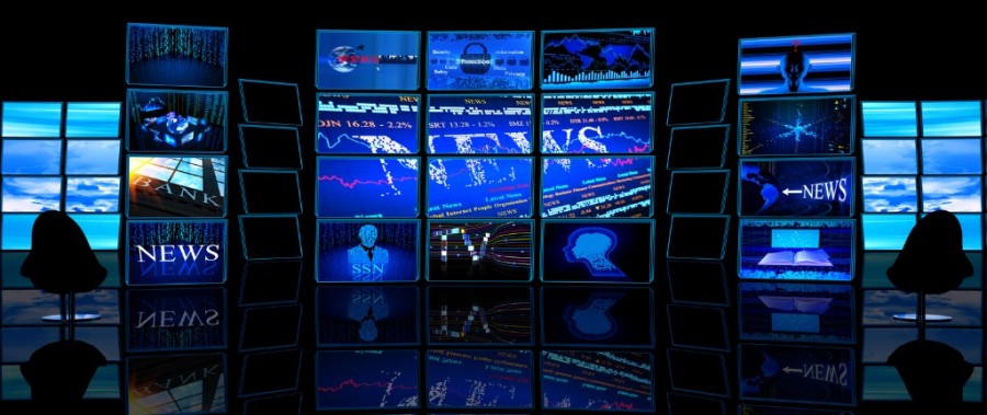 Multiple TV Screens Display News In Dark Studio Multiple TV Screens Display News In Dark Studio