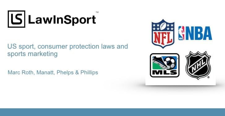 Podcast cover - Consumer Protection and Sports Marketing - NFL, NBA, NHL and MBL